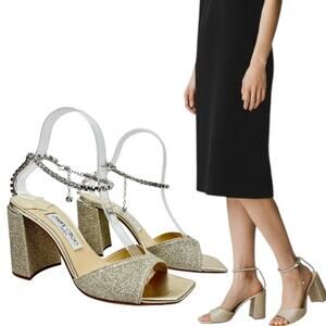 New Jimmy Choo Saeda Block Heel Glitter Crystals Sandals Platinum Size 38